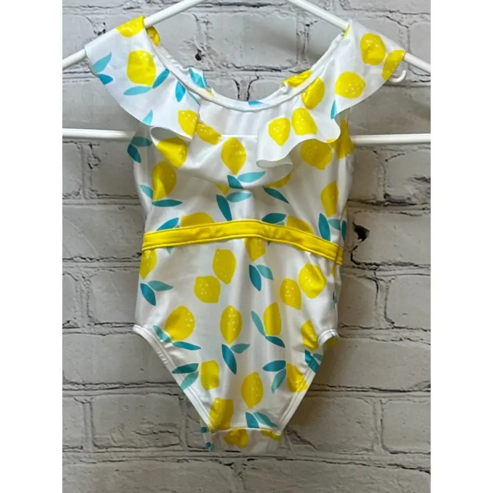 Gerber Lemon Squeeze One Piece Ruffled Swimsuit (Size 12M) & Strawberry Sun Hat